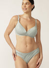 Model wearing a blue gum nursing bra and matching bikini briefs