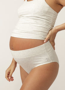  Close up of pregnant model wearing a grey marle nursing cami and matching full brief with wide waist band