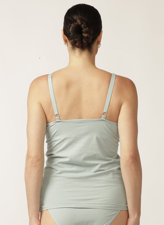  Back view of model wearing sage green nursing camisole with matching briefs